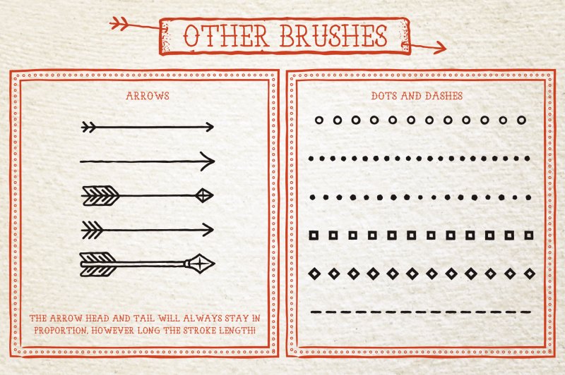 Arrow, dot and other brushes included in Tattoo art brushes for Affinity Designer.