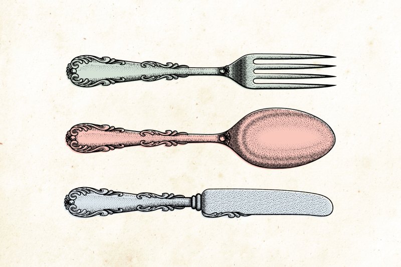 Cutlery drawn with engraving brushes for Adobe Illustrator.