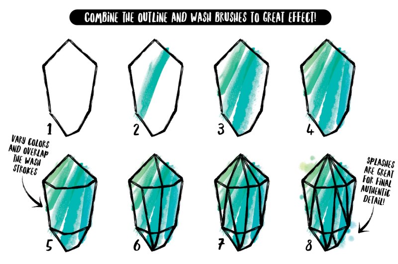 Step-by-step how to use the Affinity ink wash and outline vector brushes to create a gem illustration.