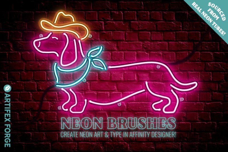 Neon sausage dog illustration made with Neon brushes for Affinity Designer.