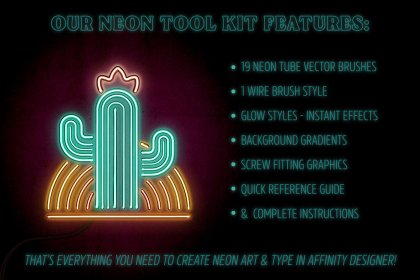 The contents of Neon brushes for Affinity Designer. Plus a Neon cactus design.