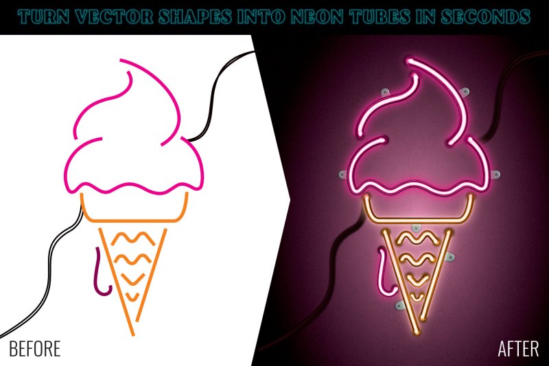 A before and after shot, showing a neon ice cream design made using Neon brushes for Affinity Designer.
