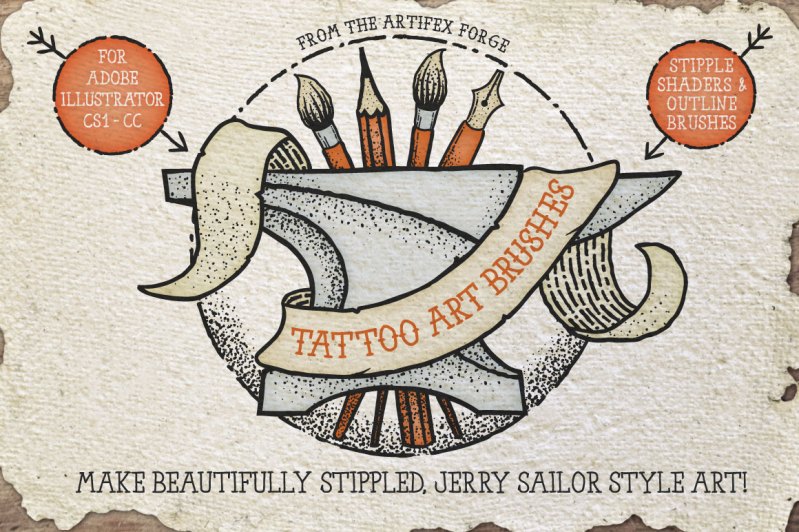 Tattoo art brushes for Illustrator. Featuring stippling and outline brushes. Perfect for Sailor Jerry inspired art.
