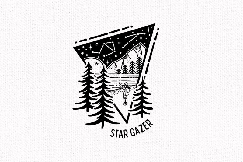Hand drawn Wilderness Illustrations - star gazer scene with trees, mountains and sky