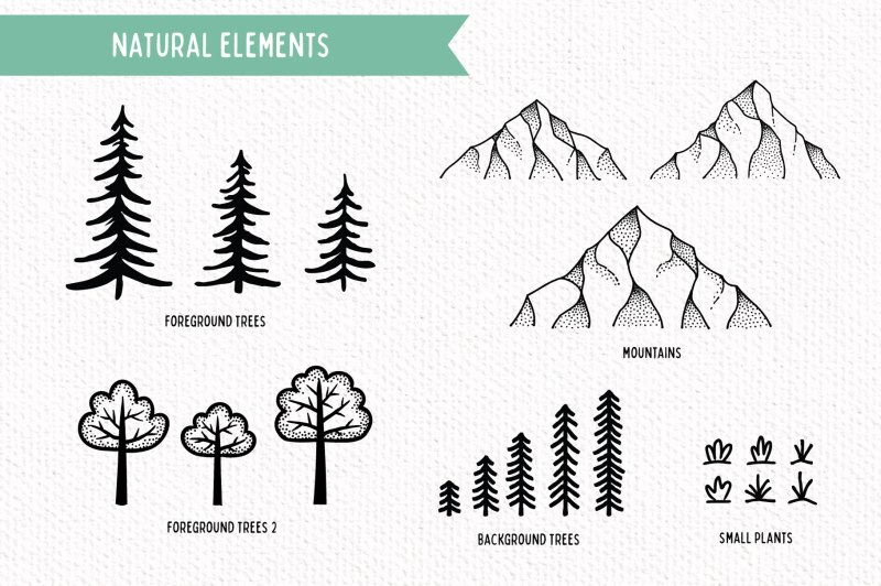 Hand drawn Wilderness Illustrations - trees, mountains