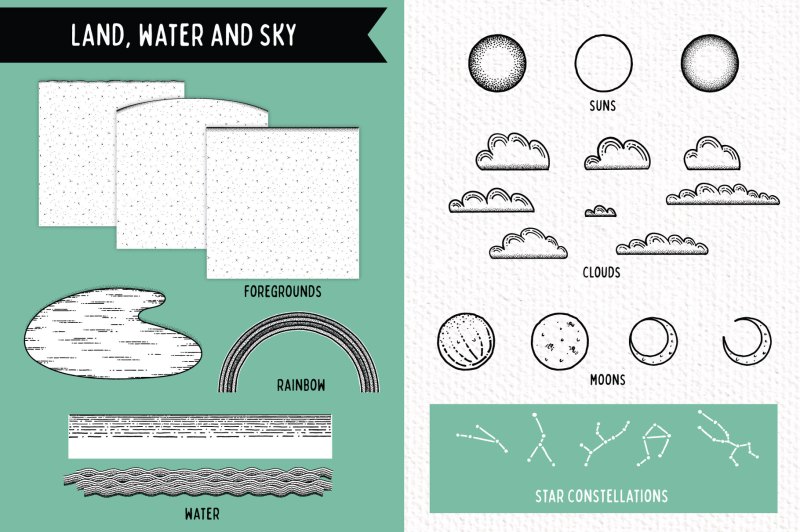 Hand drawn Wilderness Illustrations - clouds, water, moons