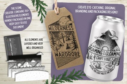 hand drawn illustrations on a beer can design and clothes label