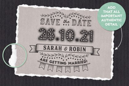 Save the date card made using Torn paper edge brushes for Affinity designer.