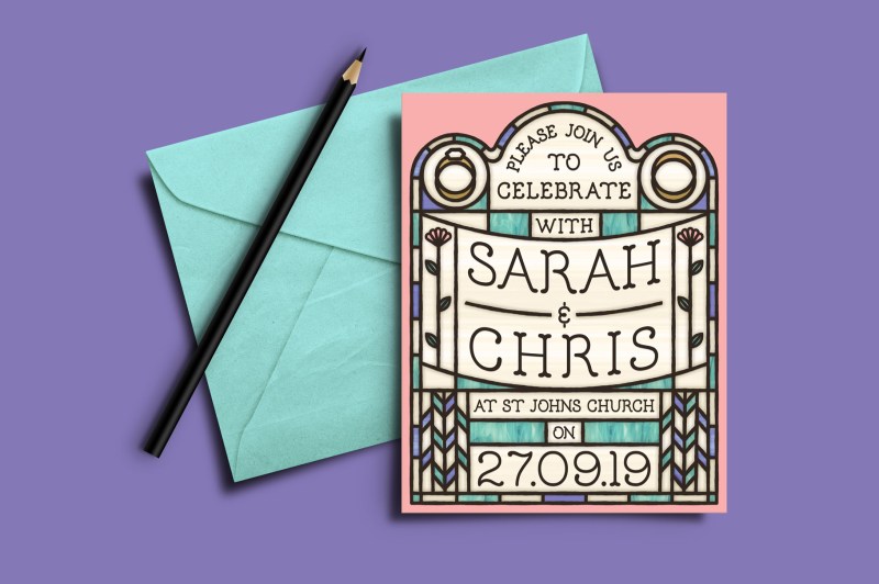 Wedding invitation made using stained glass textures and brushes for Affinity Designer