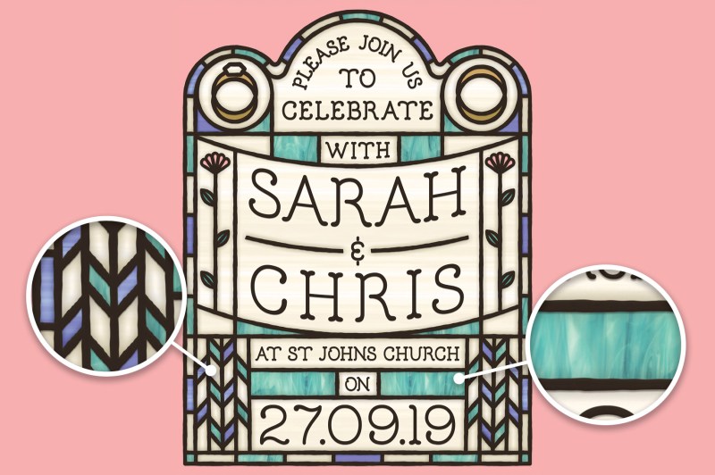 Wedding invitation made using stained glass textures and brushes for Affinity Designer - a close-up