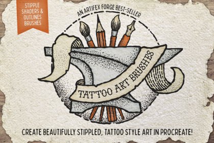 Tattoo art brushes for Procreate. Featuring stippling and outline brushes. Perfect for Sailor Jerry inspired art.