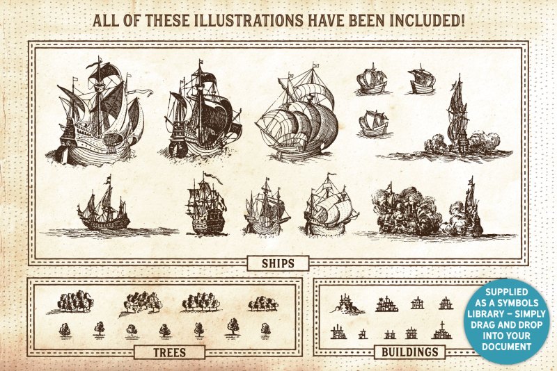 vintage map illustration island maps brushes textures pirate maps pirates clip art nautical artifex forge ships islands monsters waves affinity designer