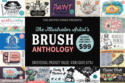 illustrator brushes anthology - a bundle of vector brushes including vintage, fine liner, oil paint, watercolor and more
