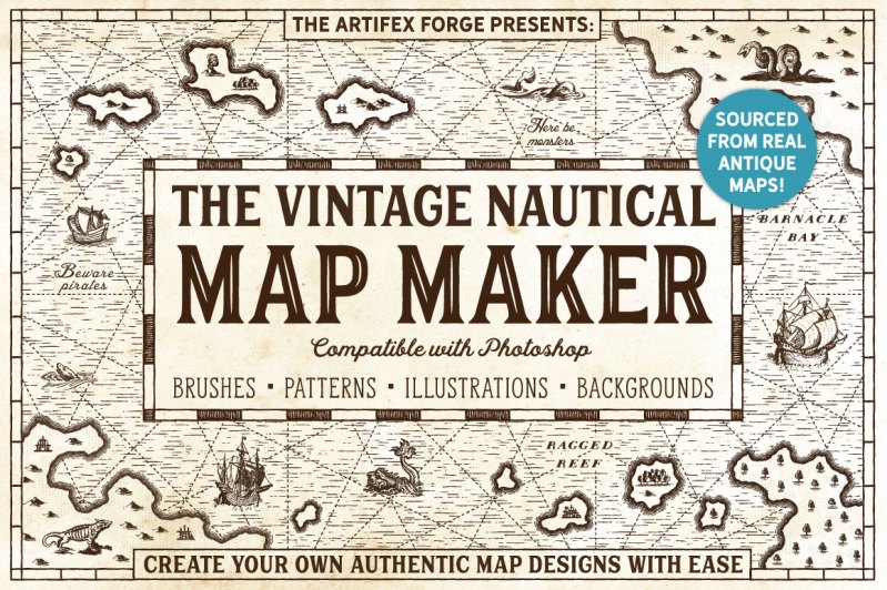 vintage map illustration island maps brushes textures pirate maps pirates clip art nautical artifex forge ships islands monsters waves adobe Photoshop