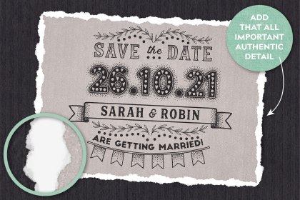 A save the date card design made using torn paper edge brushes for Procreate.
