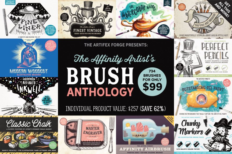 Affinity Designer Brushes - a huge bundle featuring fine liner brushes, vintage brushes, pencil brushes, chalk brushes, ink brushes, tattoo art brushes, watercolor brushes and more.
