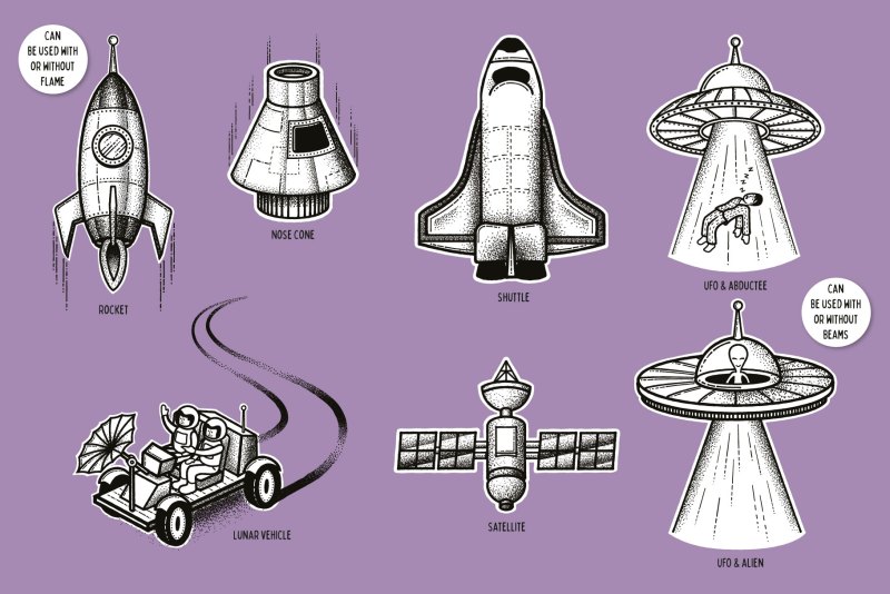 Contents of hand-drawn space illustrations and scene creator pack including space vehicles.