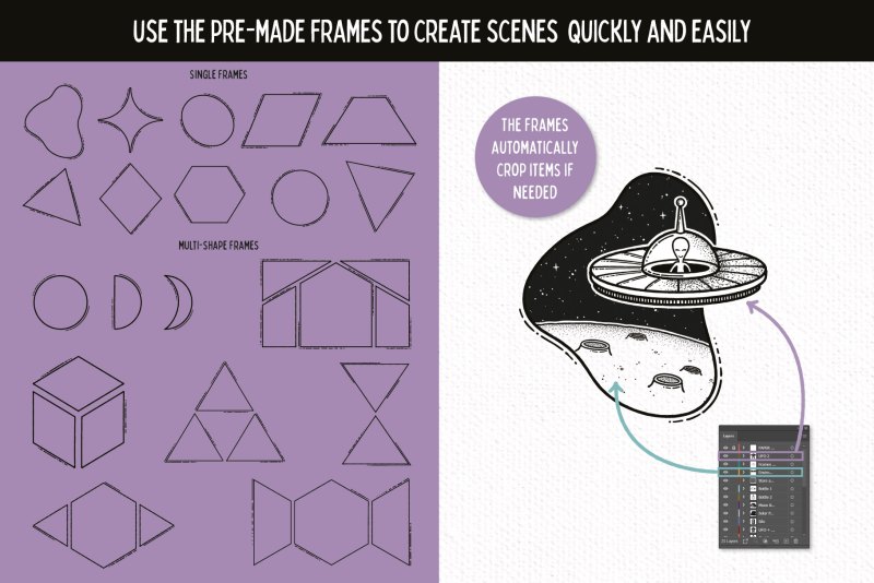 Contents of hand-drawn space illustrations and scene creator pack - frames.