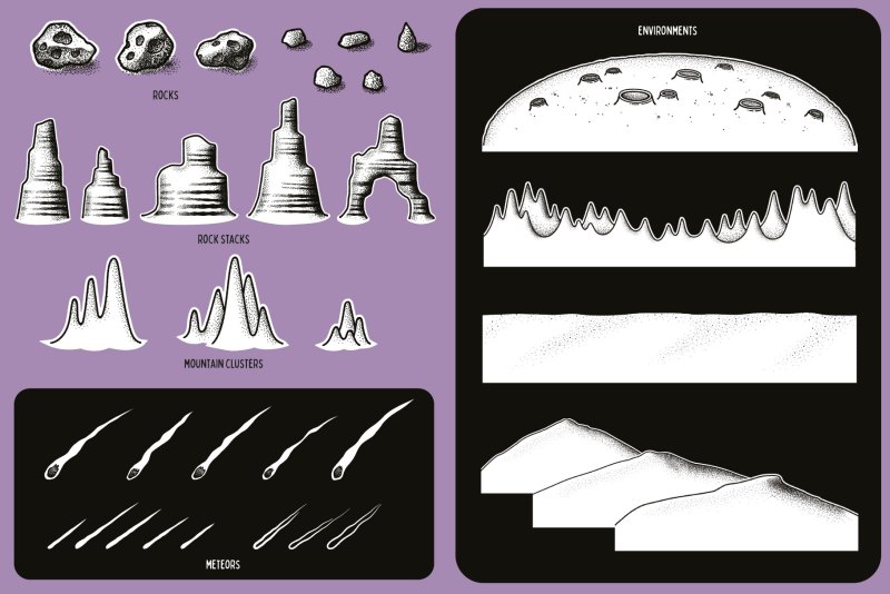 Contents of hand-drawn space illustrations and scene creator pack - environments.