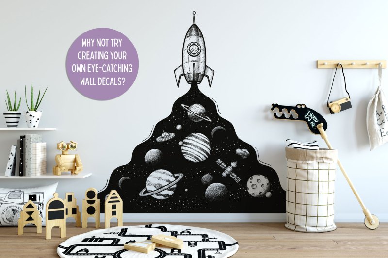 Rocket on children's wall made with Hand-drawn space illustrations and scene creator.