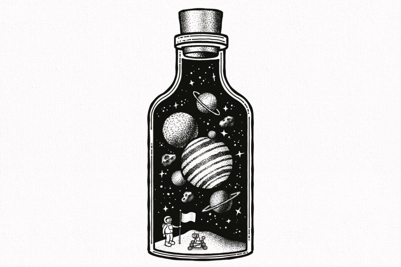 Universe in a bottle made with Hand-drawn space illustrations and scene creator.
