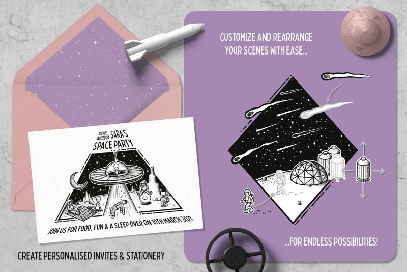 Examples of what you can do with our hand-drawn space illustrations and scene creator.