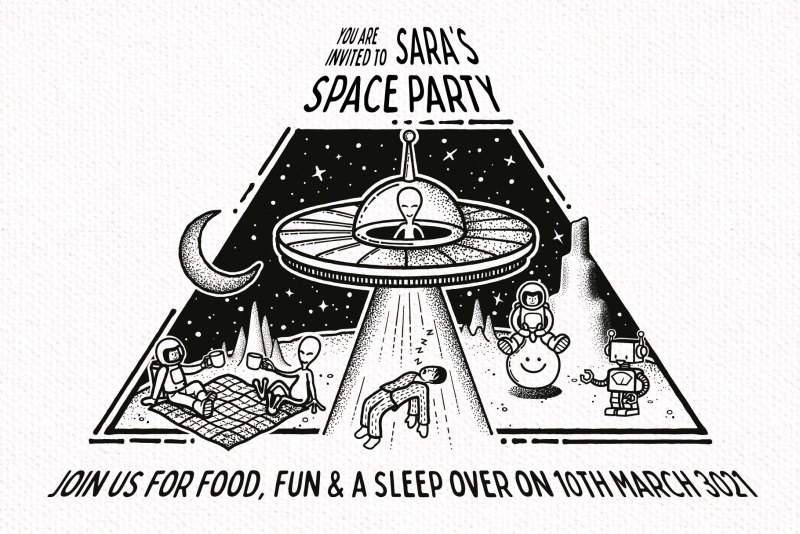 Party flyer design created using hand-drawn space illustrations and scene creator.