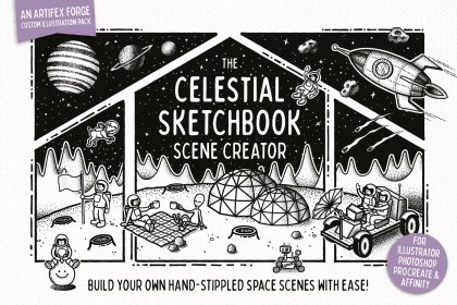 Hand-drawn space illustrations and scene creator - cover design.
