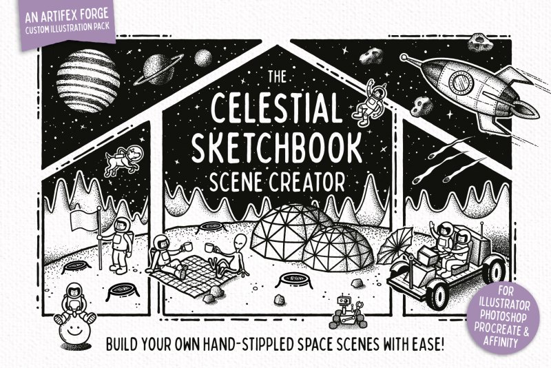 Hand-drawn space illustrations and scene creator - cover design.