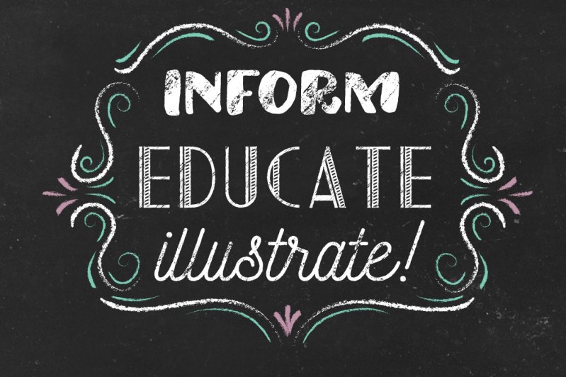 Inform, Educate, Illustrate typography created using Affinity designer chalk vector brushes.