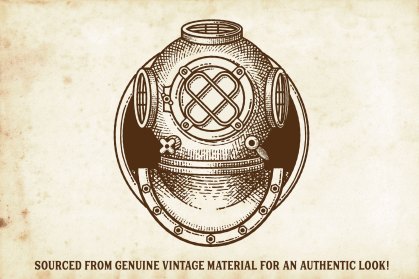Diver's helmet drawn using cross-hatch vintage brushes in Illustrator.