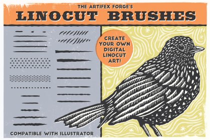 Bird design made using linocut brushes for Adobe Illustrator.