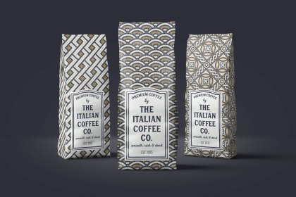 A coffee packaging design using three of the mosaic seamless patterns.