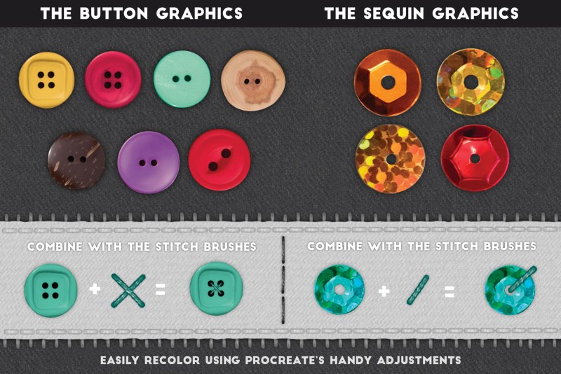 Button and sequin graphics contents of Stitch Craft for Procreate.