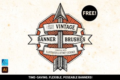 Cover design for Vintage Banner Brushes. Featuring text on banners and an arrow.