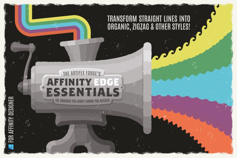Transform straight lines into organic, zigzag and other other edge styles. Affinity Designer brushes.