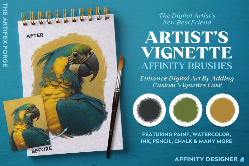 Add realistic vignettes in a variety of media in Affinity Designer. Includes: watercolour, ink, paint, pencil and more.