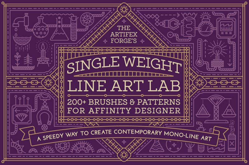 Monoline/single weight line art brushes and patterns for Affinity Designer.