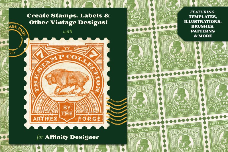 Create vintage stamp designs in Affinity Designer with our templates, brushes, patterns and more.