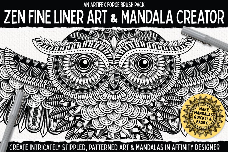 Create zentangle style art and mandalas with our brushes and templates kit for Affinity Designer.